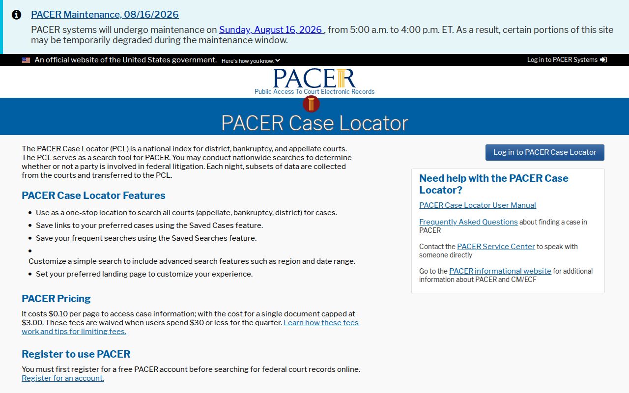 PACER Case Locator outside the Rio Blanco County case search system