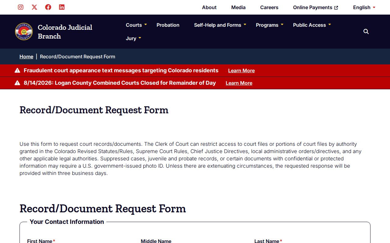 Rio Blanco County civil docket record request form