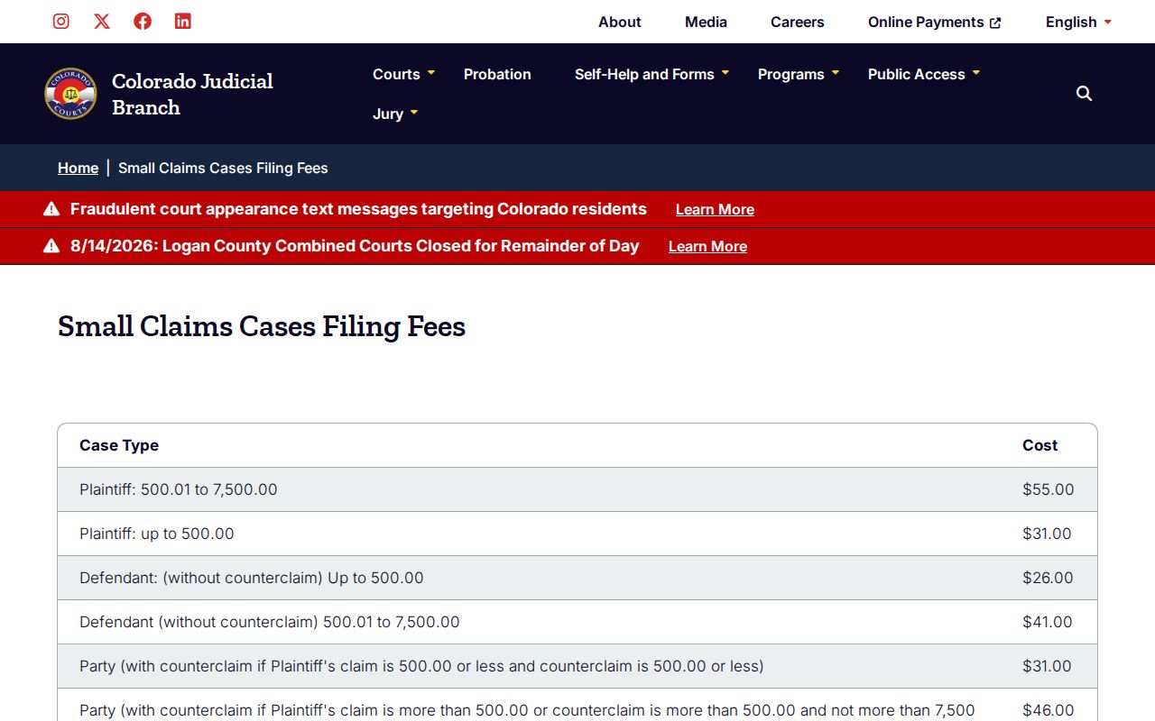 Rio Blanco County civil docket small claims limits and fees