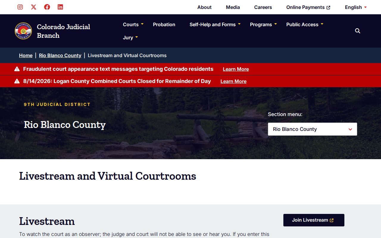 Rio Blanco County court calendar virtual courtroom listings