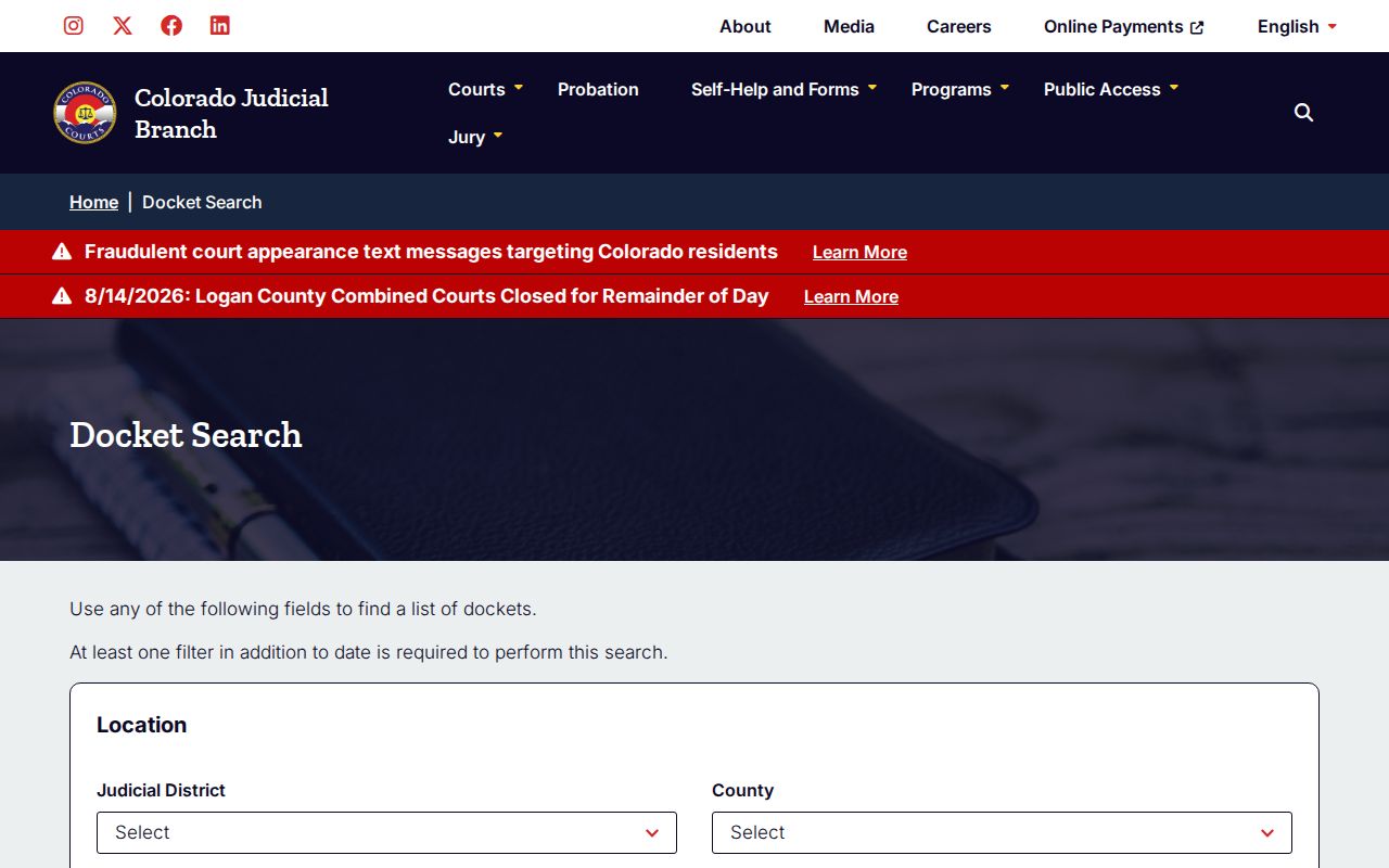 Colorado docket filters used for the Rio Blanco County court calendar
