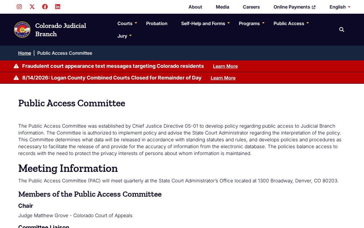 Rio Blanco County court records public access policy committee page