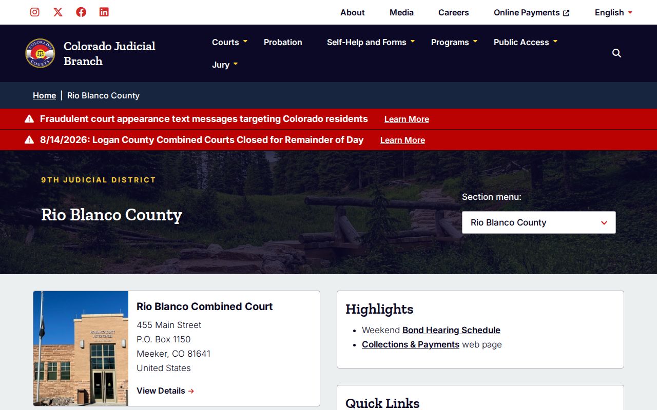 Rio Blanco County court docket official trial court page
